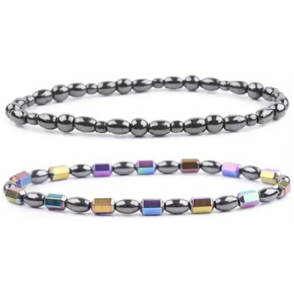 d'Vine Products Jewelry - Gun Metal Grey & Iridescent 2 pk Hematite Bead Ankle Bracelet Magnetic Therapy